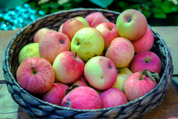Ripe of red-green apples in the basket on farmer market.