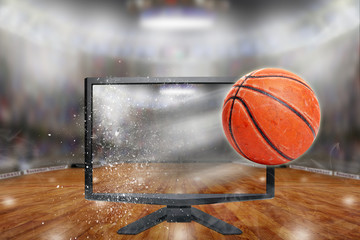 Baskeball Flying Out of TV Screen in Arena