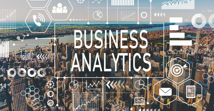 Business Analytics with aerial view of Manhattan, NY skyline - Powered by Adobe