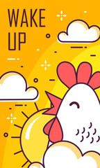 Wake up card with rooster, clouds and sun. Thin line flat design. Vector good morning banner. - 223783680