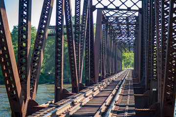 Vintage railway trestle bridge crossing the Allegheny river near Warren