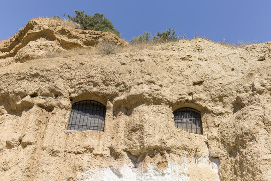 detail of the windows of an ancient troglodyte cave house 