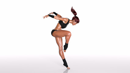 Dancing athlete woman, fit dancer girl standing on toes on white background, 3D rendering