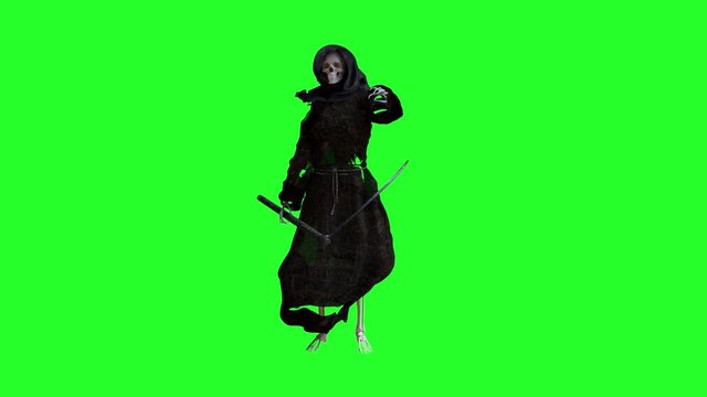 death in the hood, grim Reaper standing 3D render on a green background

