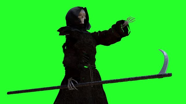 death in the hood, grim Reaper standing 3D render on a green background

