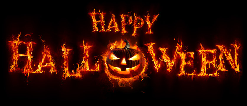 Happy Halloween - Pumpkin In Flamed Text Banner
