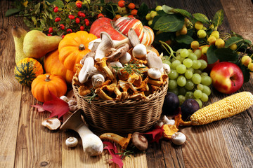 Autumn nature concept. Fall fruit, vegetables and variety of raw mushrooms on wood. Thanksgiving dinner.
