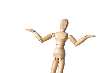 Wooden figure doll posing with shrug gesture isolated on white background, question concept