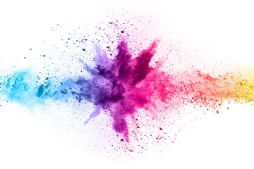 Fotobehang abstracte poeder splatted achtergrond. Kleurrijke poederexplosie op witte achtergrond. Gekleurde wolk. Kleurrijk stof explodeert. Verf Holi. © kitsana