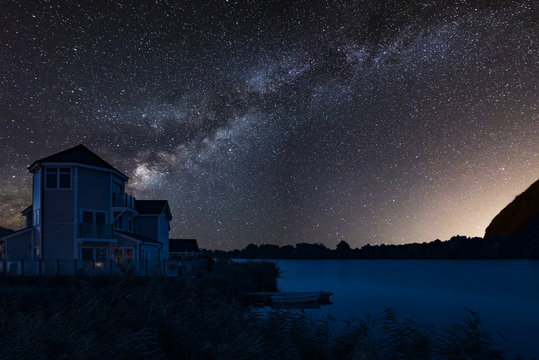 Beautiful night sky astrophotography landscape image of MILKY WAY over still lake