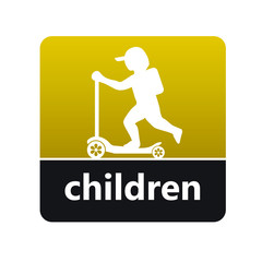Boy or kid on scooter sign with children  label for print and digital content