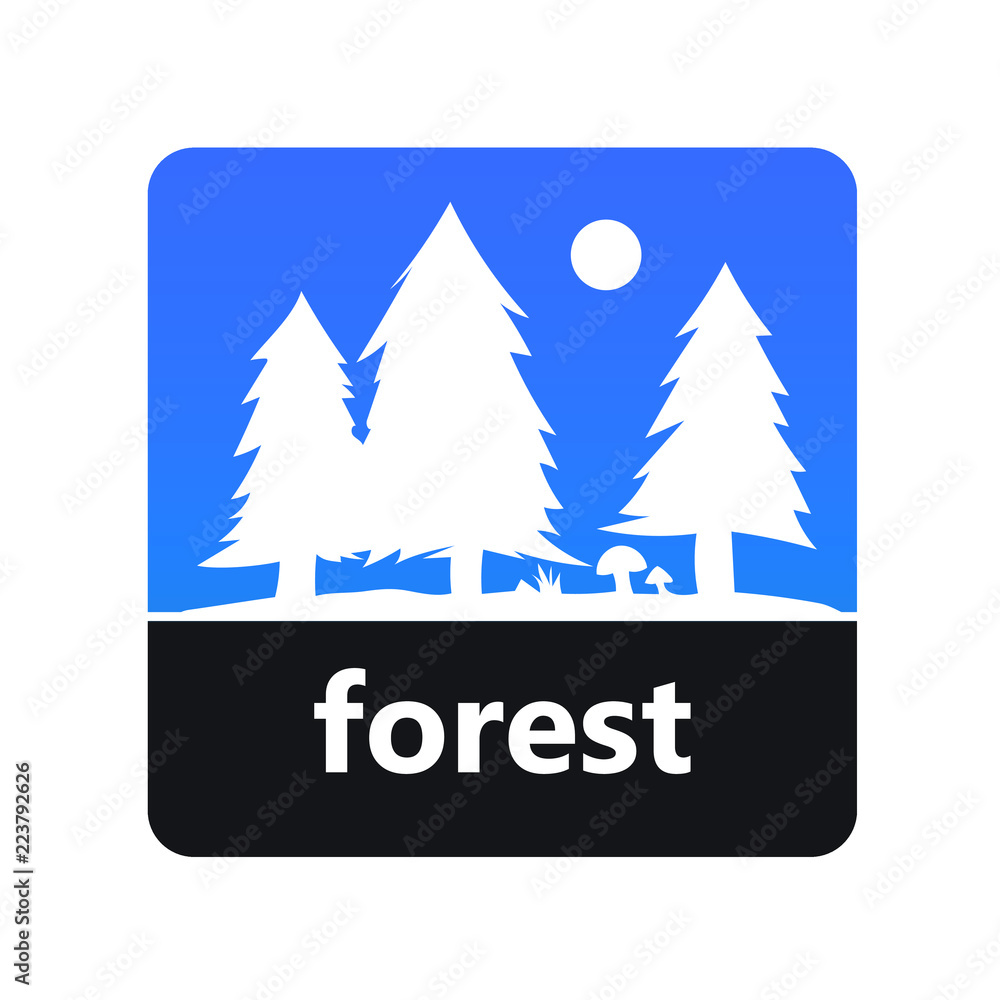Poster forest with trees and sun sign with label for print and digital content