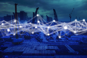 technology network in construction concept, icon construction network connection with modern screen virtual interface with wire mesh technology on blue tone background