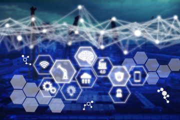 technology network in construction concept, icon construction network connection with modern screen virtual interface with wire mesh technology on blue tone background