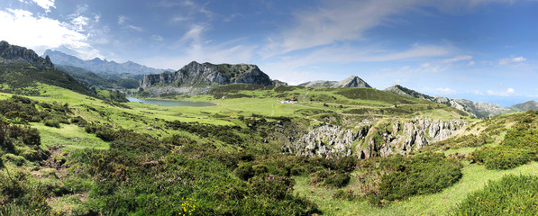 Panoramic landscape near Covadonga Lakes, Picos de Europa, Asturias, Spain