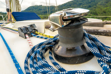 Sailboat ratchet with ropes around, Angra dos Reis, Rio de Janeiro, Brazil
