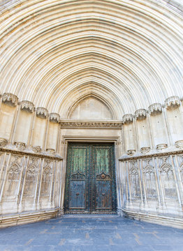 Wide angle South Door, Cathedral of Saint Mary of Girona, Girona, Catalonia, Spain.