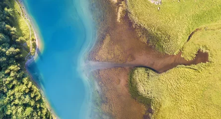 Foto op Plexiglas Aerial view at the lake and field. Beautiful natural landscape from air in the Switzerland. Landscape from drone © biletskiyevgeniy.com