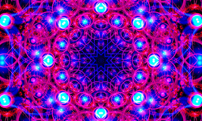 Bright pink and blue mandala with neon light effects.