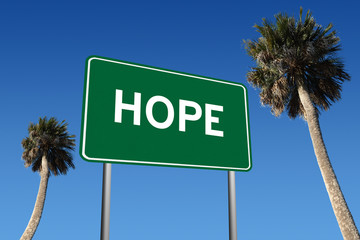 Fototapeta premium Hope sign on blue sky background with palm trees