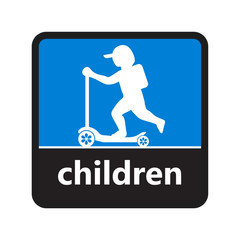 Boy or kid on scooter sign with children  label for print and digital content