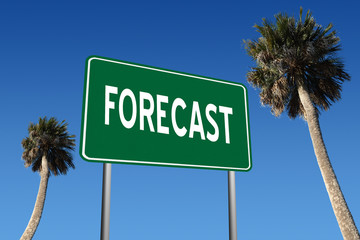 Fototapeta premium Forecast highway sign and palm trees in summer