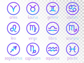 Vector set of zodiac signs round icons on a transparent background. Horoscope symbols collection colored.