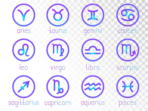 Vector set of zodiac signs round icons on a transparent background. Horoscope symbols collection colored.