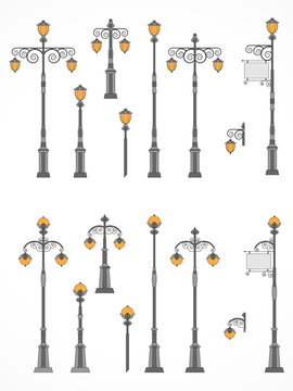 Vector set of street lights. Collection in flat style. Сolorful.