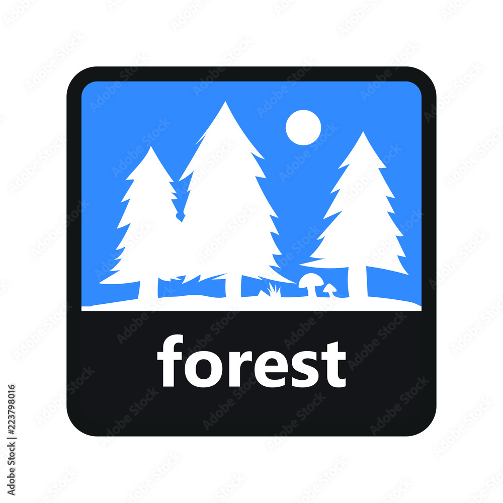 Poster forest with trees and sun sign with label for print and digital content