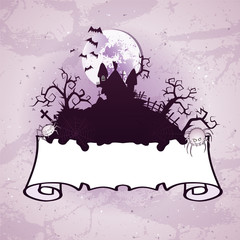Vector Halloween illustration on grunge background with old torn banner with place for your text. Cartoon style.