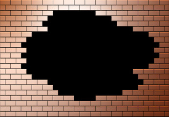 A copper colored brick wall has a hole in it allowing escape to another area, world, life or whatever is needed.