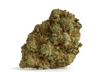 Close up macro photo of recreational and medical prescription hybrid strain  wedding cake flower on white background