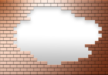 A copper colored brick wall has a hole in it allowing escape to another area, world, life or whatever is needed.