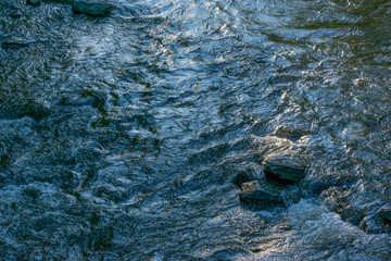 a river flowing with some rocks sticking up