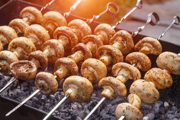 Barbecue skewers with grilled champignon mushroom kebab in a brazier