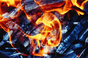 Burning wood in a brazier. Fire, flames. Grill or bbq