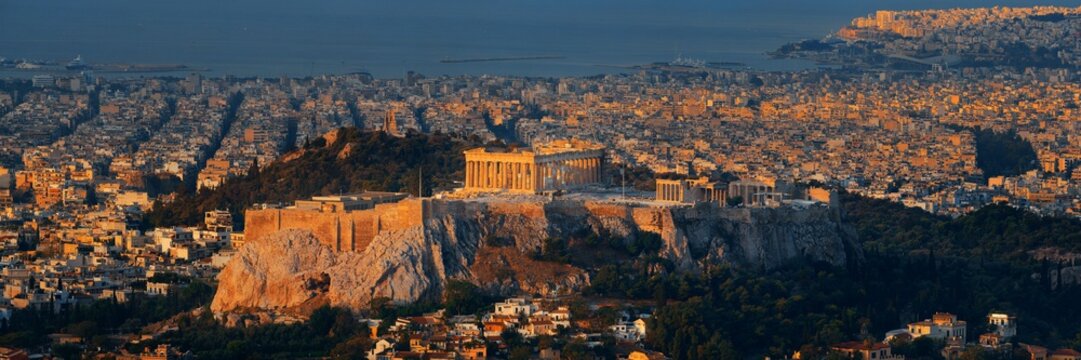 Athens skyline at sunrise from Mt Lykavitos panorama