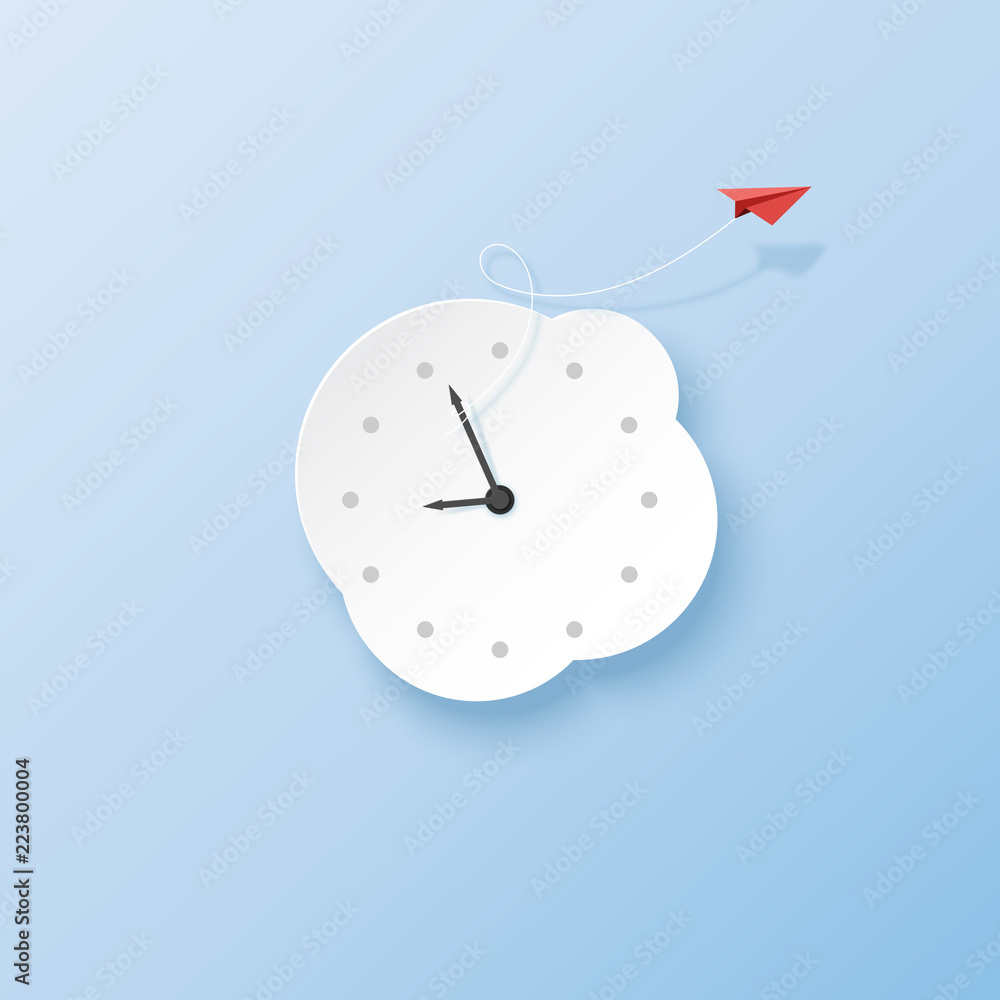 Poster Business and hurry up concept with red paper airplane and clock to time running paper art style.Vector illustration.