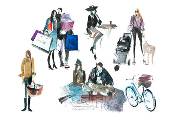 Watercolor people with shopping bags. Fashion, sale, autumn