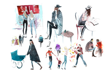 Hand drawn watercolor people with shopping bags. Fashion, sale.