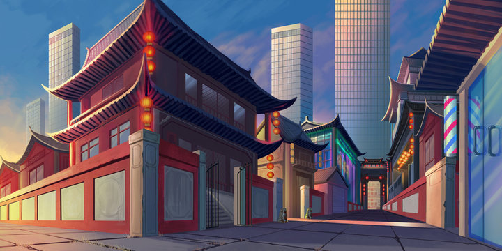 China Luoyang Street Realistic Country City Area Painting Series. Video Game's Digital CG Artwork, Concept Illustration, Realistic Cartoon Style Scene Design
