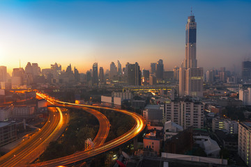Bangkok cityscape at morning with traffic on highway with cars