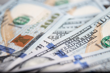 Dollars Closeup Concept. American Dollars Cash Money. One Hundred Dollar Banknotes.