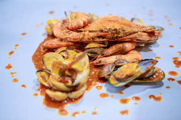 Family eating seafood