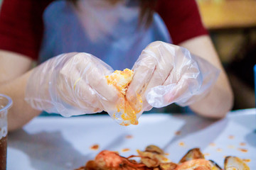 Family eating seafood