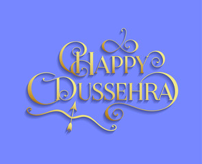 Golden text calligraphic inscription Happy Dussehra festival Indian with bow and arrow with a shadow on a blue background. Vector illustration