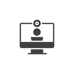 Video call vector icon. filled flat sign for mobile concept and web design. Computer monitor and web camera solid icon. Video conference symbol, logo illustration. Vector graphics