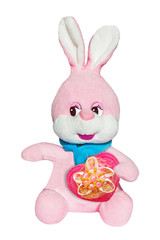 Soft toy pink Bunny with blue scarf isolated with heart
