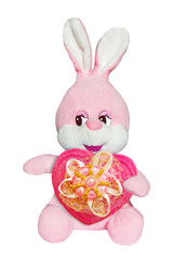 Soft toy pink Bunny with blue scarf isolated with heart
